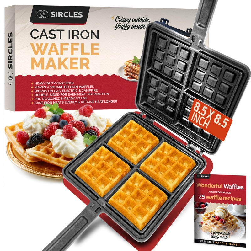 Sircles Cast Iron Waffle Maker - Makes 4 Square Belgian Waffles - Non Electric - Heavy Duty - Belgian Waffle Maker - 8.5 inch Square Waffles - E-book recipes - Image 1