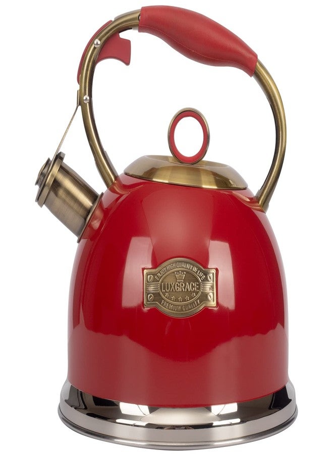 LUXGRACE Tea Kettle, Stovetop Whistling Teapot, Stainless Steel, Red, 3.0-Quart - Image 1