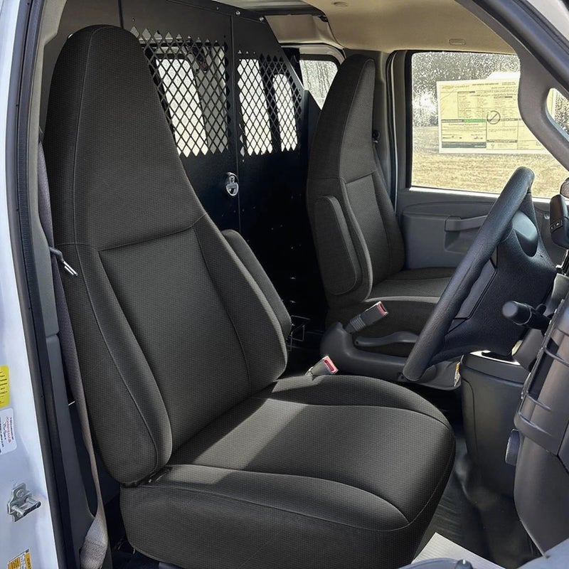 runfider Custom 600D Heavy Duty Seat Covers for 2010-2025 Chevy Express Front Bucket Seats with Grab Handle Opening, Durable Oxford Fabric Protective Covers, Not for RV - Black - Image 1