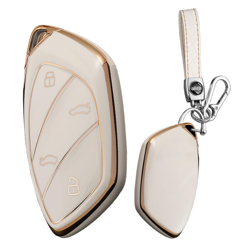 SANRILY Goldenedge 4 Button Key Cover Fit for MG ZS EV MG6 EZS HS EHS MG6 MARVEL X MARVEL R for Roewe I5 I6 RX3 RX5 RX8 ERX5 EI5 Keyless Key Pouch with Leather Keychain Beige - Image 3