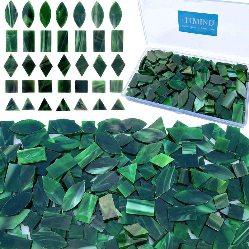 LITMIND Forest Green Stained Glass Mosaic Tiles 240 Pieces in 5 Shapes Rectangle Triangle Rhombus Square Leaf for Crafts Mosaic Projects