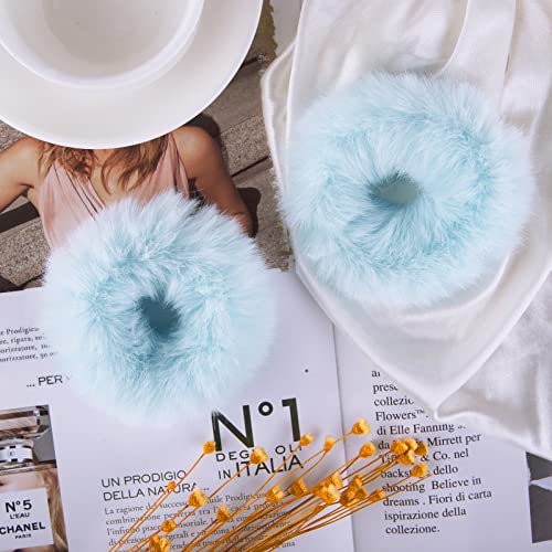 Mljsh 2 PCS Light Blue Pom Pom Hair Tie Fuzzy Scrunchies Furry Hair Bands With Faux Rabbit Fur Fluffy Elastic Hair Bobbles Ponytail Holders Girls Women Hair Accessories - Image 5