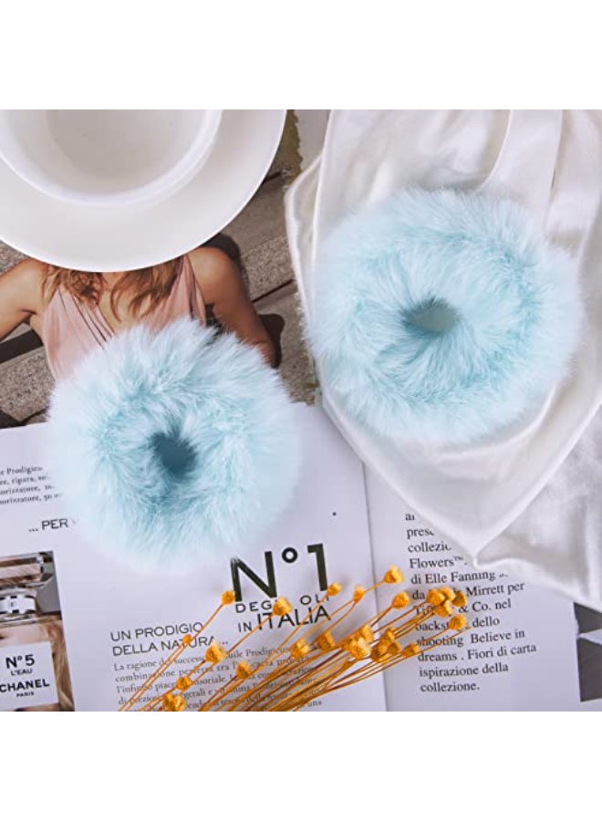 Mljsh 2 PCS Light Blue Pom Pom Hair Tie Fuzzy Scrunchies Furry Hair Bands With Faux Rabbit Fur Fluffy Elastic Hair Bobbles Ponytail Holders Girls Women Hair Accessories - Image 4