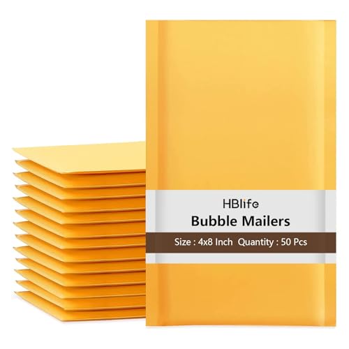 HBlife 50Pcs Bubble Mailers, 4x8 Inches Self Seal Kraft Poly Mailers, Padded Envelopes Shipping Bags Packaging for Small Business - Image 1