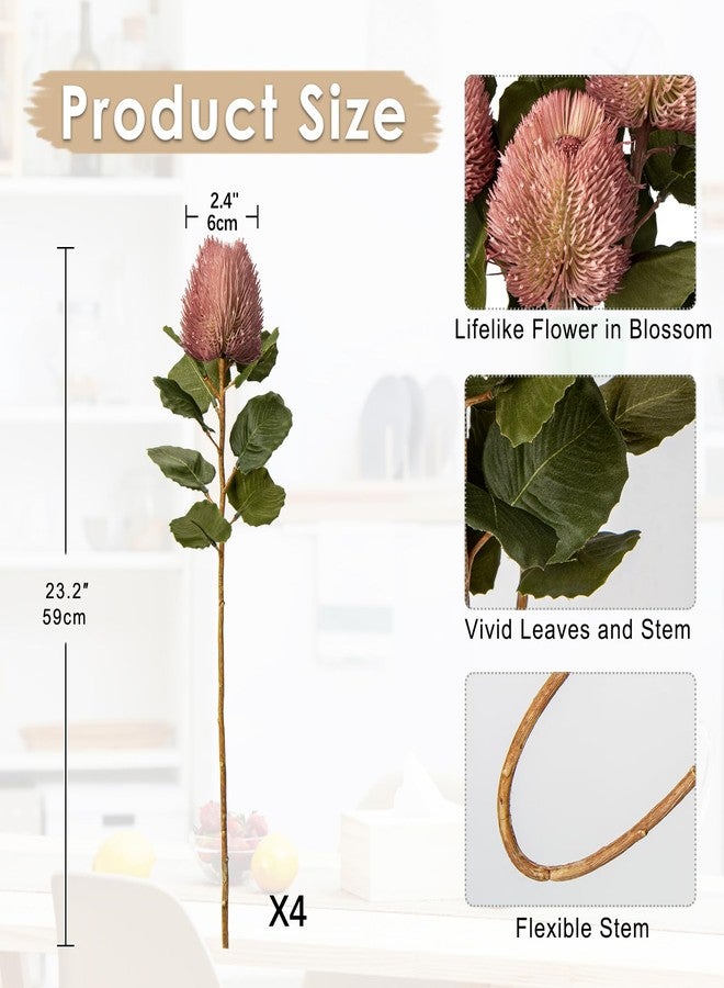 GnFlus 4Pcs Artificial Flowers Bouquets 23 Inch Fake Fall Flower Pink Long Stem Autumn Faux Banksia Flowers Floral Arrangements for Home Bedroom Table Wedding Party Boho Decor - Image 2
