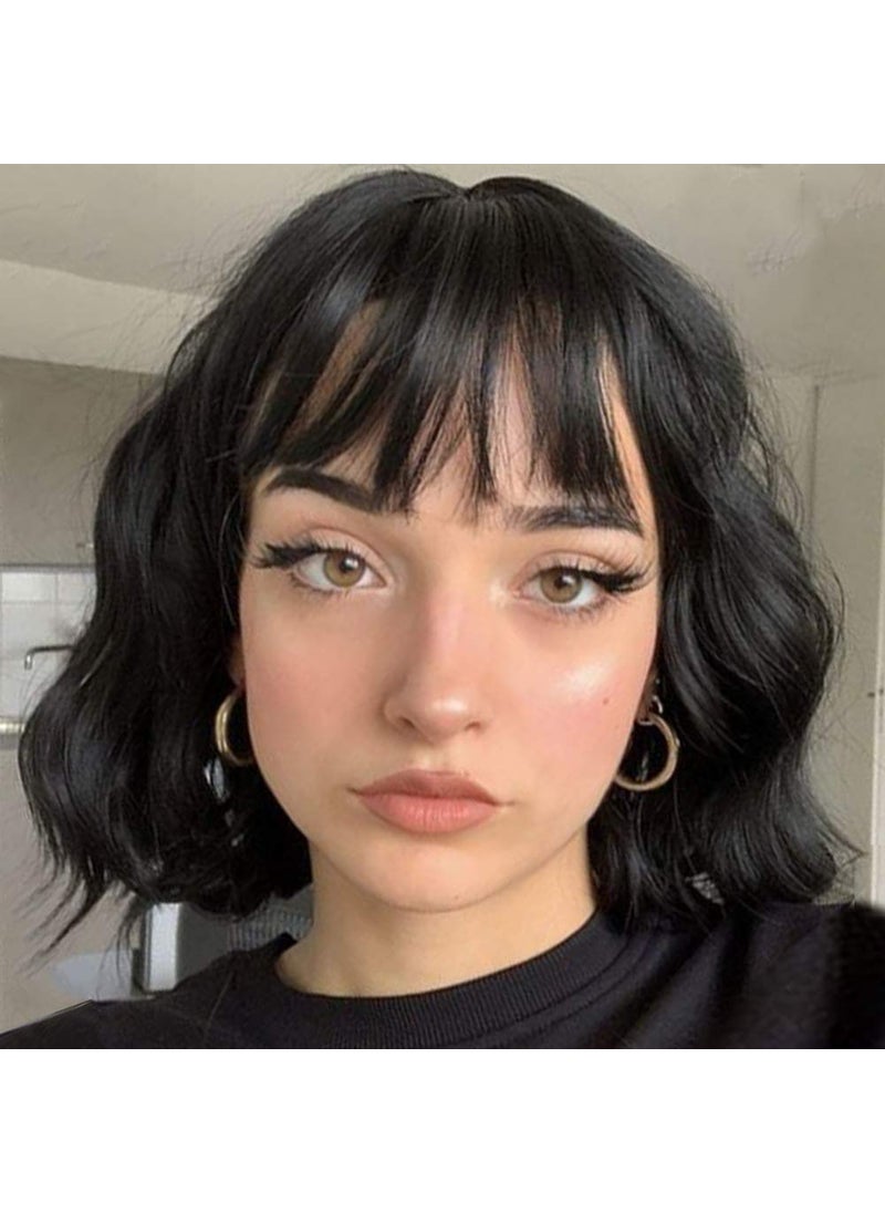 MISSQUEEN - MISSQUEEN Short Wavy Black Wig with Bangs Short Black Bob Wigs for Women Wavy Bob Wig with Bangs Synthetic Natural Looking Heat Resistant Fiber Wigs - Image 1