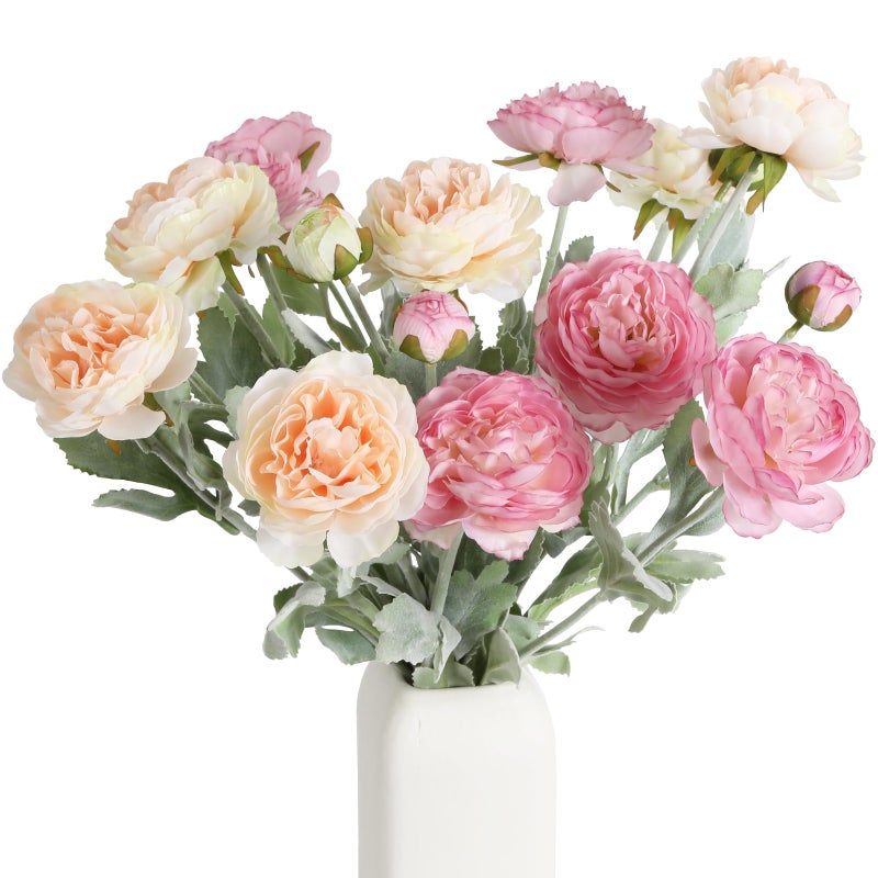 IPOPU Artificial Peonies 6pcs Ranunculus Silk Flowers 18Heads Pink Flowers Combo Champagne Fake Flowers 20.47" Faux Floral Arrangements Wedding Decorations for Home Kitchen (Champagne&Pink) - Image 1
