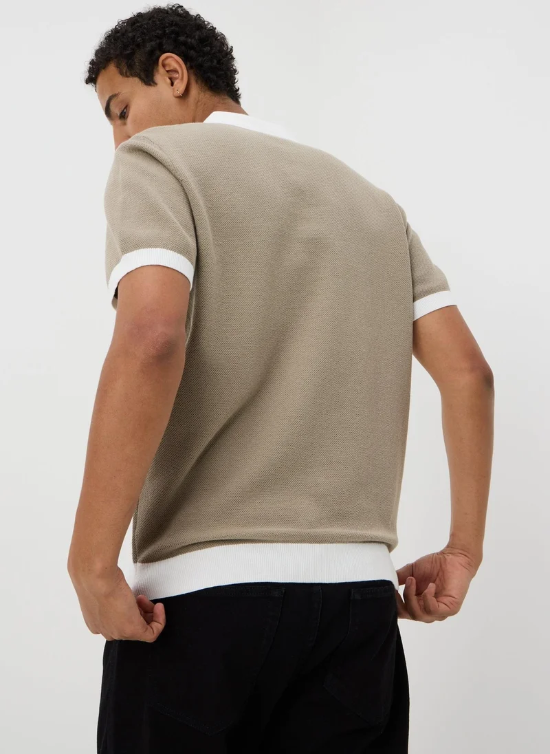 Matalan Stone Contrast Collar Pique Knitted Polo Shirt
