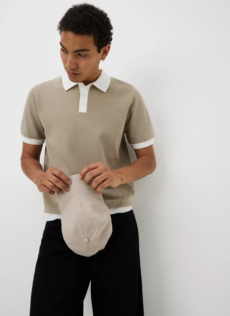 Matalan Stone Contrast Collar Pique Knitted Polo Shirt