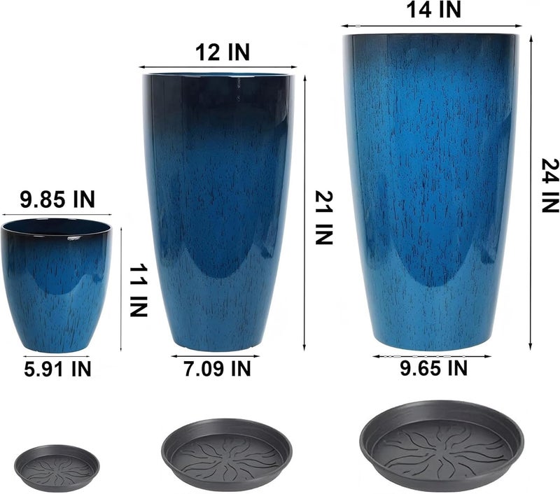 MinCHI257 24,21,11 Inch Large Plastic Planters with Drainage Hole and Saucer - Set of 3 Tall Plant Pots Indoor Flower Pot Tall Round Planters Outdoor Large Tall Planter - Image 4