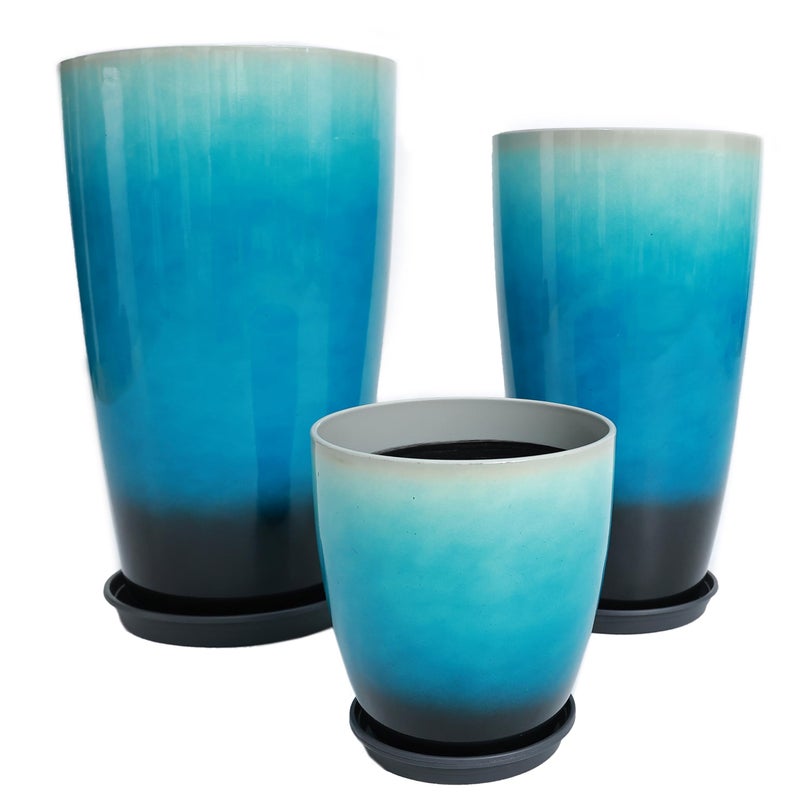MinCHI257 24,21,11 Inch Large Plastic Planters with Drainage Hole and Saucer - Set of 3 Tall Plant Pots Indoor Flower Pot Tall Round Planters Outdoor Large Tall Planter - Image 1