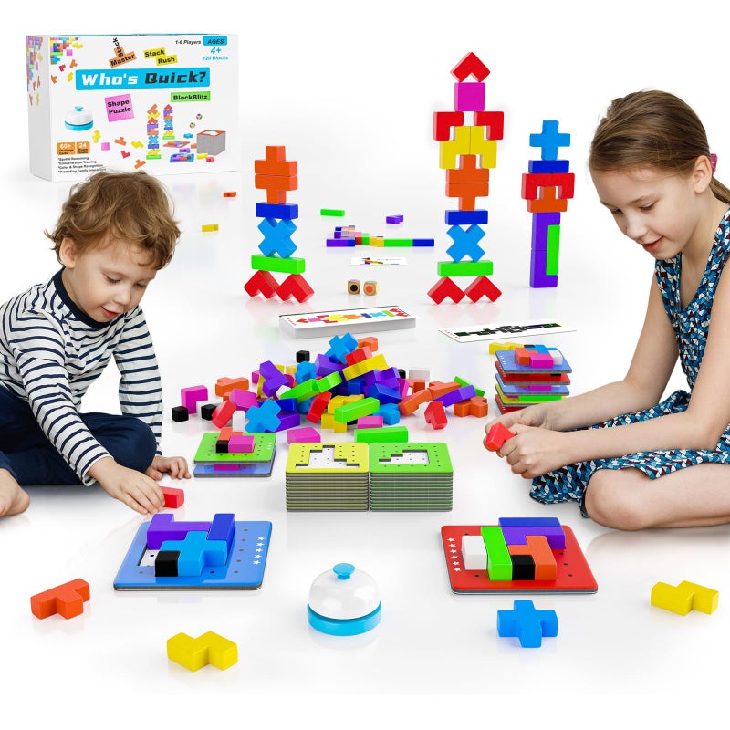 Geokay 4in1 Family Board Games 120 Pcs Wooden MultiLevel Montessori Toy Fast 3D Shape Pattern Matching Puzzle Stacking Building Blocks Fun Game for Kids Adults Family NightParty 16 Players Ages 4 - Image 3