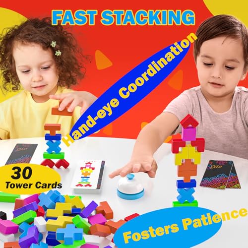 Geokay 4in1 Family Board Games 120 Pcs Wooden MultiLevel Montessori Toy Fast 3D Shape Pattern Matching Puzzle Stacking Building Blocks Fun Game for Kids Adults Family NightParty 16 Players Ages 4 - Image 5