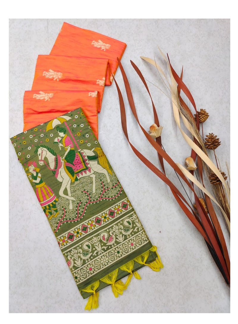 Grab Mantra Orange Soft Raw Silk Two Tone Weaving Sari With Antique Design Contrast Woven Pallu And Unstitched Blouse  - Image 2