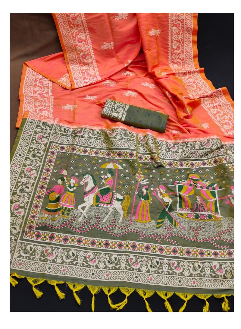 Grab Mantra Orange Soft Raw Silk Two Tone Weaving Sari With Antique Design Contrast Woven Pallu And Unstitched Blouse  - Image 1