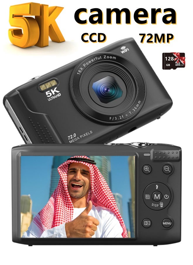 Generic 5K Digital camera, 72MP CCD autofocus camera, WiFi supported video recording camera, suitable for YouTube video creation, equipped with 128GB storage card and flash - the ideal choice for content creators  - Image 1
