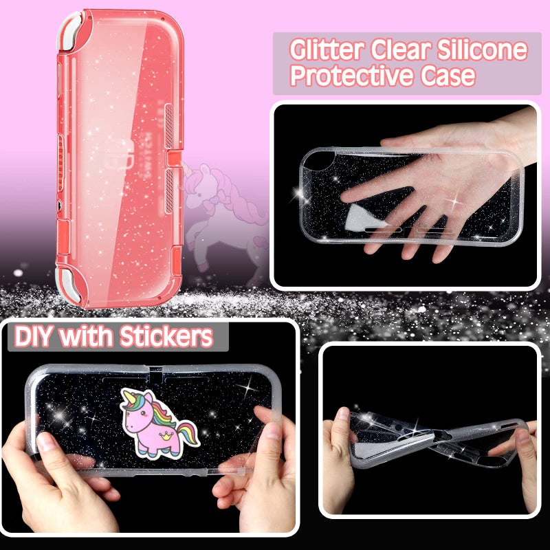 Trunple Pink Unicorn Carrying Case Compatible with Nintendo Switch Lite with Crystal Glitter Soft Protective Case Cover+Screen Protector+Stickers, Hard Storage Case Accessories Kit for Girls Birthday Gift - Image 5