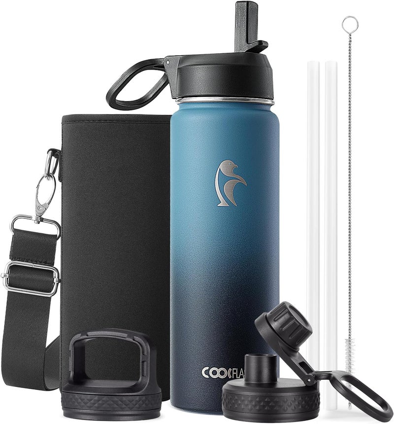 Coolflask زجاجة ماء 20 أونصة معزولة مع قشة، مصنوعة من الفولاذ المقاوم للصدأ مع 3 أغطية، زجاجة ماء بفم واسع للرياضة أو المكتب، خالية من BPA، تحافظ على البرودة حتى 48 ساعة أو الحرارة حتى 24 ساعة، ساموراي أزرق سماوي - Image 1