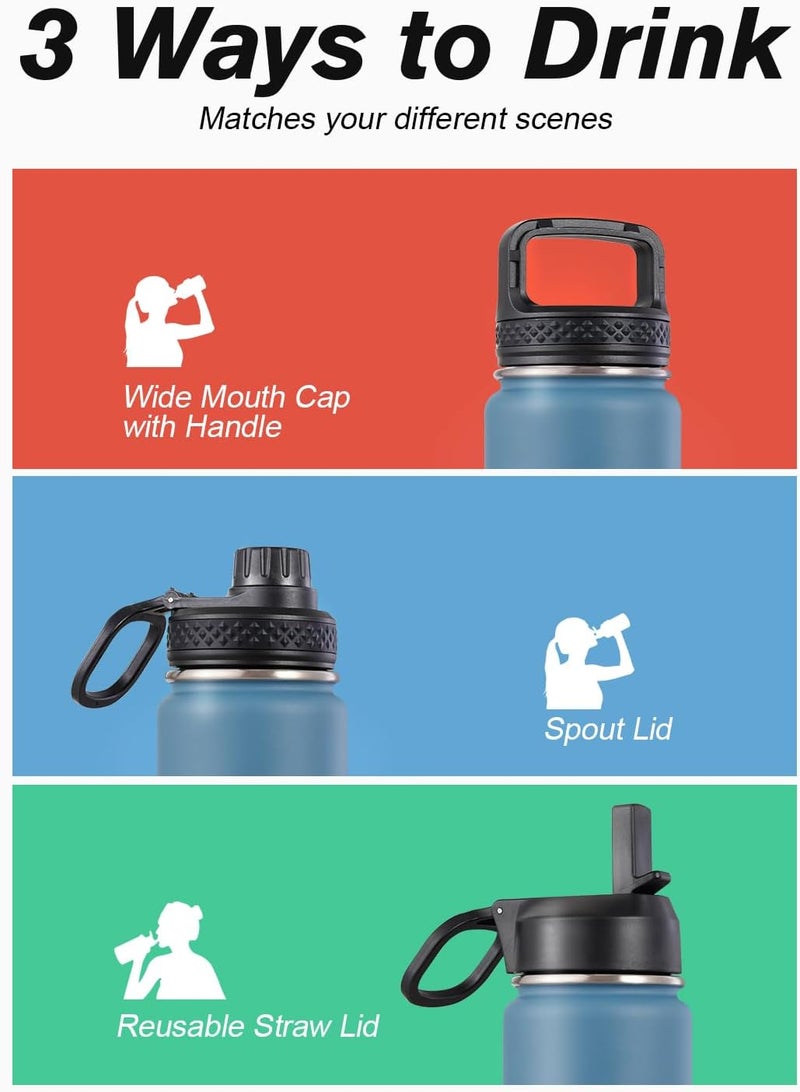 Coolflask زجاجة ماء 20 أونصة معزولة مع قشة، مصنوعة من الفولاذ المقاوم للصدأ مع 3 أغطية، زجاجة ماء بفم واسع للرياضة أو المكتب، خالية من BPA، تحافظ على البرودة حتى 48 ساعة أو الحرارة حتى 24 ساعة، ساموراي أزرق سماوي - Image 5