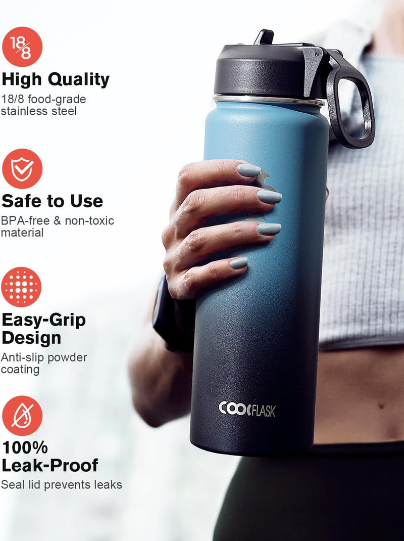 Coolflask زجاجة ماء 20 أونصة معزولة مع قشة، مصنوعة من الفولاذ المقاوم للصدأ مع 3 أغطية، زجاجة ماء بفم واسع للرياضة أو المكتب، خالية من BPA، تحافظ على البرودة حتى 48 ساعة أو الحرارة حتى 24 ساعة، ساموراي أزرق سماوي - Image 3