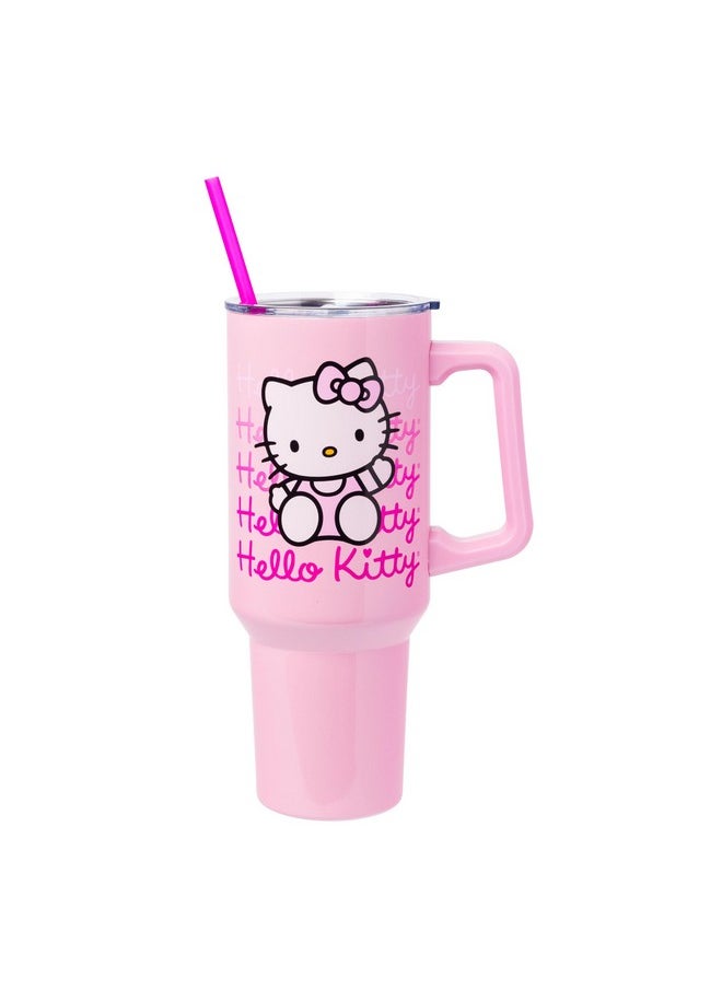 Silver Buffalo - Silver Buffalo Sanrio Hello Kitty Waving Stainless Steel Tumbler with Handle and Straw, Fits in Standard Cup Holder, 40 Ounces - Image 1