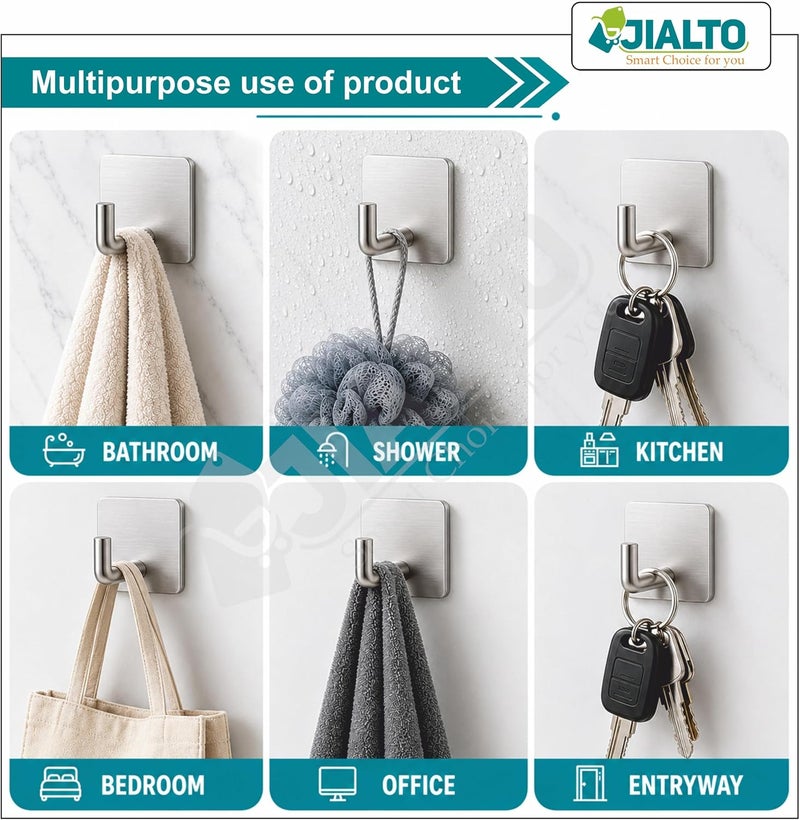 JIALTO 6 قطع خطافات ذاتية اللصق/خطافات تعليق حائط/خطافات فولاذية مقاومة للصدأ ومقاومة للماء للحائط بدون حفر شديدة التحمل للحمام والمطبخ ومناشف الحائط (خطاف J فضي) - Image 3