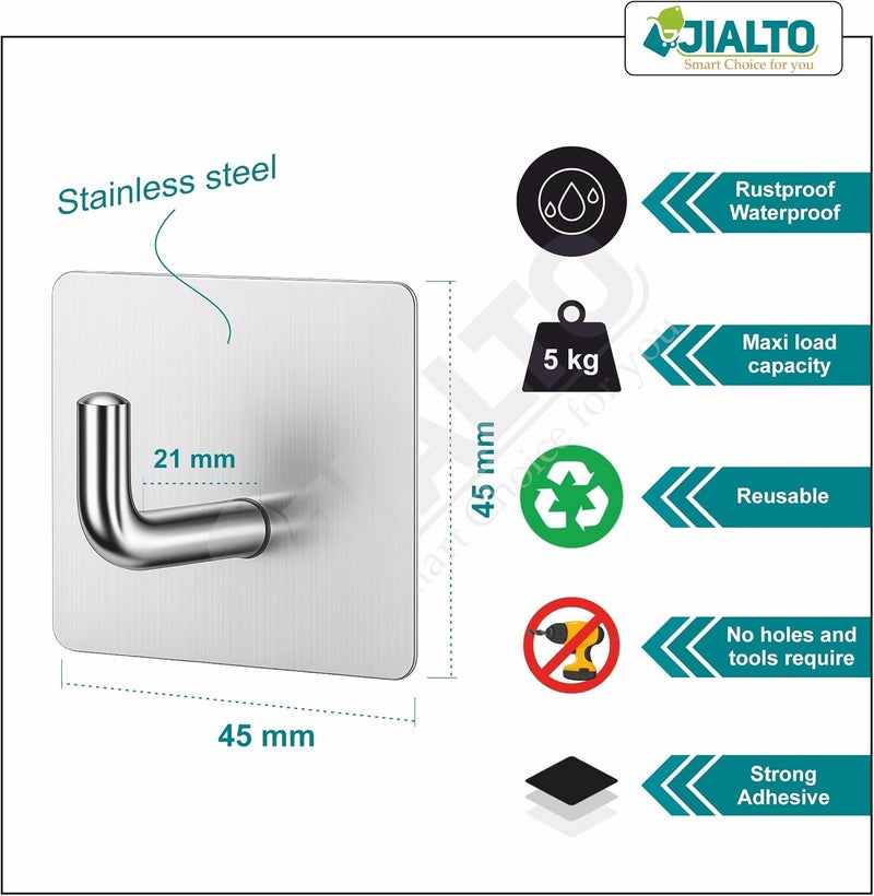 JIALTO 6 قطع خطافات ذاتية اللصق/خطافات تعليق حائط/خطافات فولاذية مقاومة للصدأ ومقاومة للماء للحائط بدون حفر شديدة التحمل للحمام والمطبخ ومناشف الحائط (خطاف J فضي) - Image 2