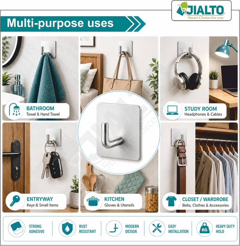 JIALTO 6 قطع خطافات ذاتية اللصق/خطافات تعليق حائط/خطافات فولاذية مقاومة للصدأ ومقاومة للماء للحائط بدون حفر شديدة التحمل للحمام والمطبخ ومناشف الحائط (خطاف J فضي) - Image 4