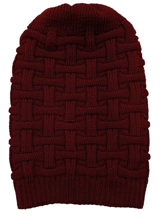 Missby® Unisex Wool Knitted Slouchy Skull Winter Beanie Solid Color Cap (Maroon) - Image 3