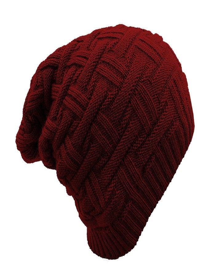 Missby® Unisex Wool Knitted Slouchy Skull Winter Beanie Solid Color Cap (Maroon) - Image 1