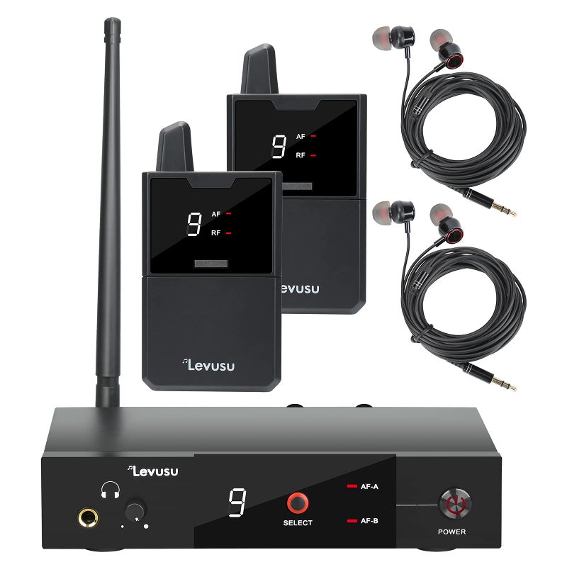 Levusu Pro UHF Dual Wireless inEar Monitor System with Earphone180Ft Rack Mount Professional IEM Stereo System Transmitter and Beltpack for Studio Band Rehearsal Live Performance 2 Bodypack
