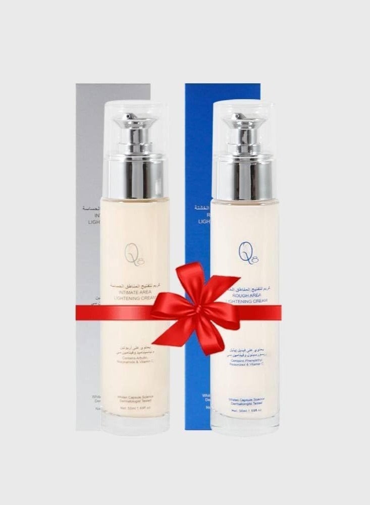 Q8 A set of cream to lighten dark areas + cream to lighten rough areas (knees and elbows) to meet your specific needs and provide guaranteed results. - Image 1