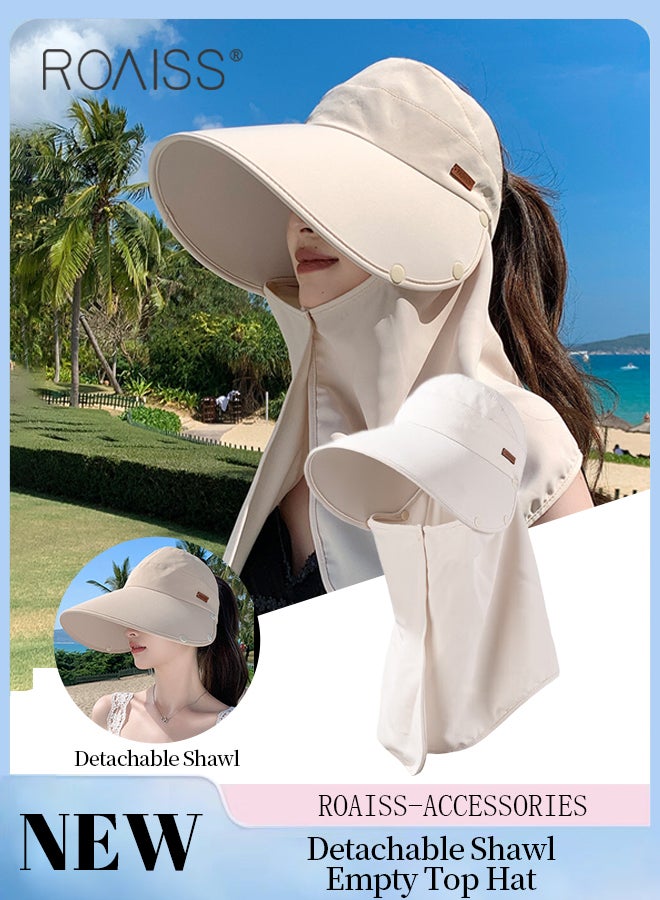roaiss Women's Sun Protection Shawl Empty Top Hat, Detachable Neck Protection Wide Brim Hat, Ponytail Anti-ultraviolet Sun Hat, Suitable for Garden Fishing Hiking Sun Protection Cap - Image 1