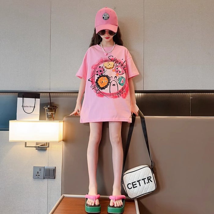 Girls' T-Shirt 2026 Style For Older Girls, Middle School Students, Printed Short-Sleeve Loose Top For Children, Trendy - Image 1