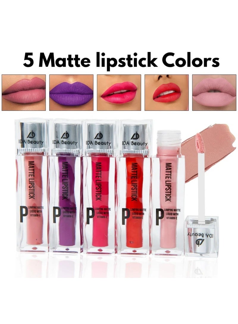 إيدا بيوتي مجموعة أحمر شفاه سائل مطفي من آيدا - أحمر شفاه مطفي مخملي يدوم طويلاً، غني بالصبغة، مع فيتامين إي - تركيبة غير جافة ومقاومة للتلطخ - عبوة من 5 قطع تدوم طوال اليوم - Image 2