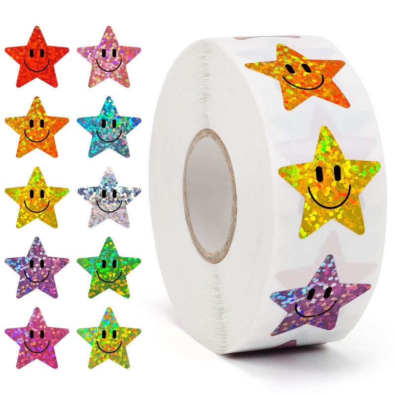 Wercokt 1000PCS Smiling Glitter Stickers, 1inch, 10 Colored Sparkly Foil Happy Stickers, Rewarding Student Behaviour, School Classroom Teacher - Image 1