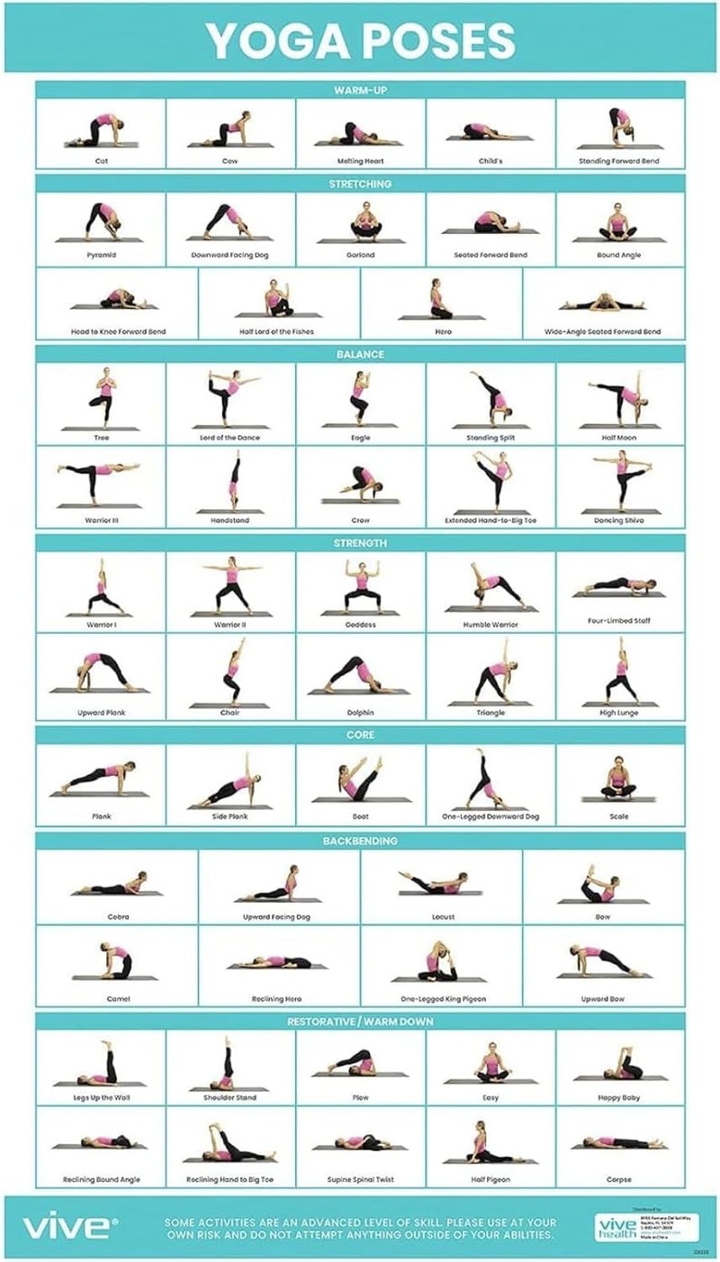 VIVE Yoga Poster - Poses for Beginners and Experts - Mat Exercise Home Gym Workout Accessories Set- Double Sided Laminated Flow Chart Accessory - Instructional Guided Routine - for Women, Men - Image 1