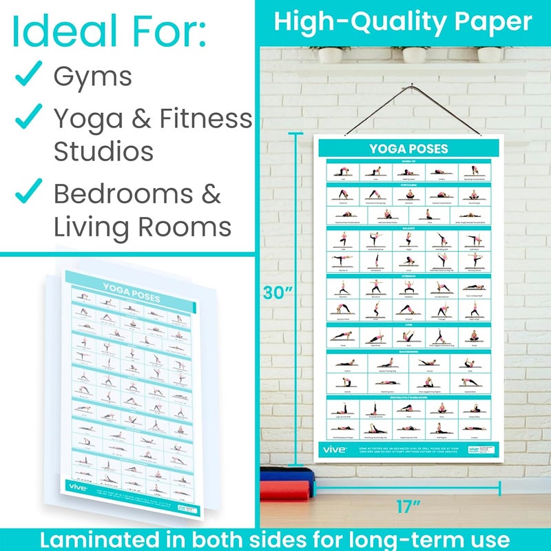 VIVE Yoga Poster - Poses for Beginners and Experts - Mat Exercise Home Gym Workout Accessories Set- Double Sided Laminated Flow Chart Accessory - Instructional Guided Routine - for Women, Men - Image 5