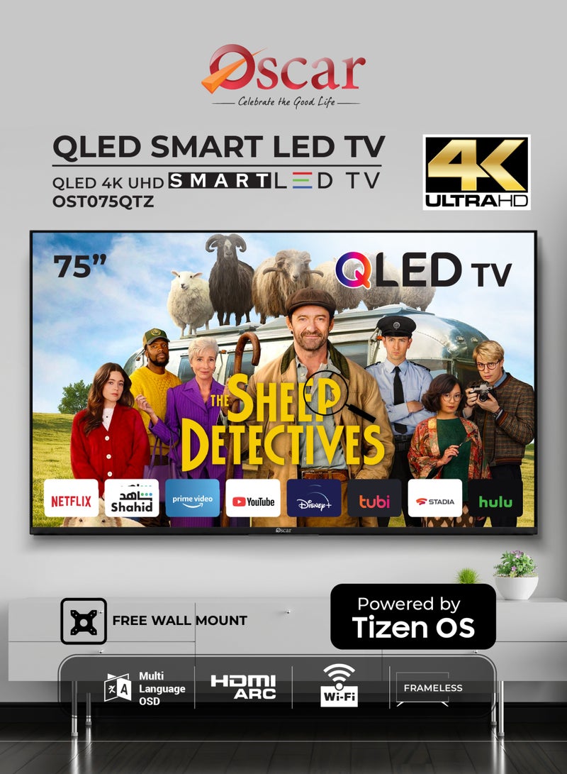 أوسكار تلفزيون أوسكار ذكي QLED 4K UHD مقاس 75 بوصة | يعمل بنظام التشغيل Tizen | نطاق ألوان واسع DCI-P3 | تصميم بدون إطار | تقنية HDR10 | تقنية Dolby Audio | واي فاي وبلوتوث مدمجان | جهاز تحكم عن بُعد صوتي | OST075QTZ - Image 2