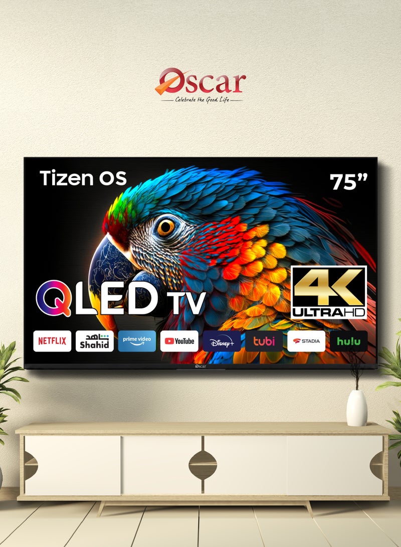 أوسكار تلفزيون أوسكار ذكي QLED 4K UHD مقاس 75 بوصة | يعمل بنظام التشغيل Tizen | نطاق ألوان واسع DCI-P3 | تصميم بدون إطار | تقنية HDR10 | تقنية Dolby Audio | واي فاي وبلوتوث مدمجان | جهاز تحكم عن بُعد صوتي | OST075QTZ - Image 1