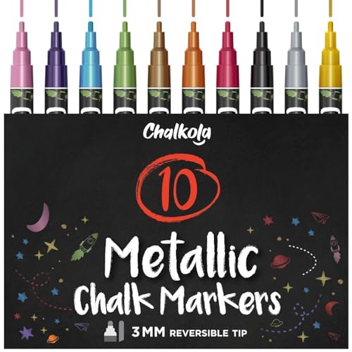 Chalkola Metallic Liquid Chalk Markers Fine Tip - Dry Erase Marker Pen for Chalkboard Signs, Windows, Blackboard, Glass - 3mm Reversible Tip (10 Pack) - Image 1