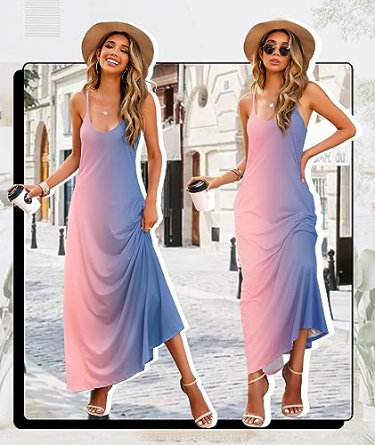 Wolddress Womens 2025 Casual Sleeveless Sundress Plus Size Loose Plain Long Summer Beach Maxi Dress with Pockets Gradient-Babyblue Pink L - Image 4