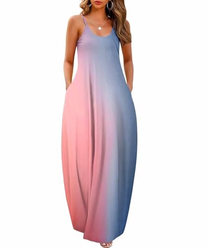 Wolddress Womens 2025 Casual Sleeveless Sundress Plus Size Loose Plain Long Summer Beach Maxi Dress with Pockets Gradient-Babyblue Pink L - Image 1