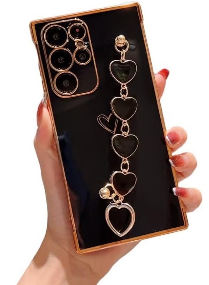 جراب لهاتف Samsung Galaxy S23 Ultra للنساء والفتيات، جراب مطلي بحزام على شكل قلب وسلسلة قبضة ناعمة من السيليكون TPU اللامع جراب هاتف رفيع لهاتف Galaxy S23 Ultra (أسود) - Image 1