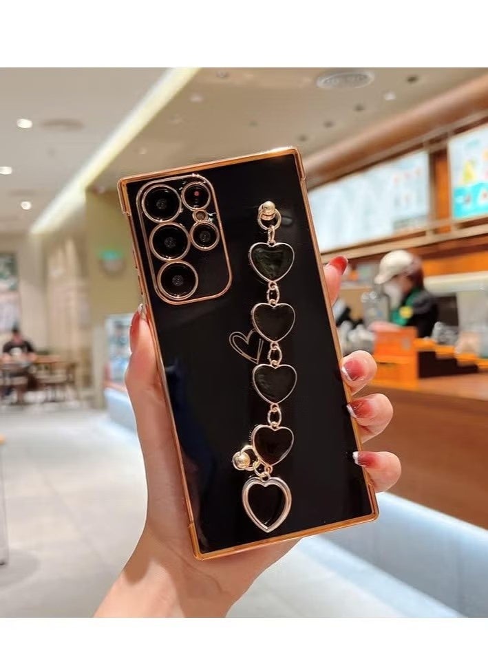 جراب لهاتف Samsung Galaxy S23 Ultra للنساء والفتيات، جراب مطلي بحزام على شكل قلب وسلسلة قبضة ناعمة من السيليكون TPU اللامع جراب هاتف رفيع لهاتف Galaxy S23 Ultra (أسود) - Image 2