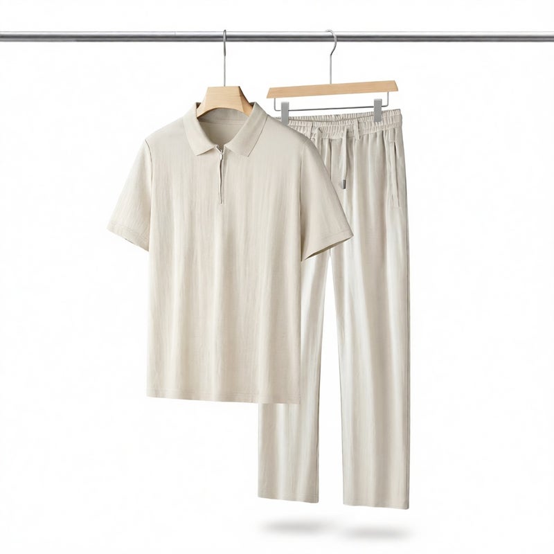 Men's Summer Linen Blend Polo Shirt and Long Pants Two-Piece Set