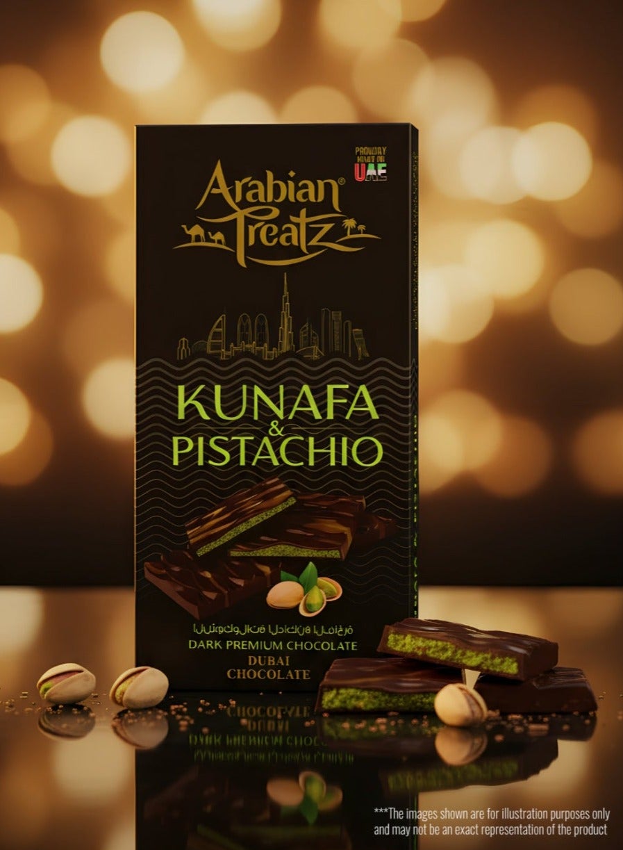 Arabian Treatz Kunafa & Pistachio 100g Dark Premium Chocolate Bar – Made in UAE, Rich Chocolate with Authentic Middle Eastern Flavor