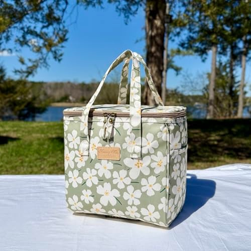 Kwang Min Floral Insulated Lunch Bag for WomenReusable Lunch BoxLarge Cooler for OfficePicnic OutdoorsPremium Quality Waterproof FabricIdeal Gift for Outdoors and work Green Cosmo - Image 3
