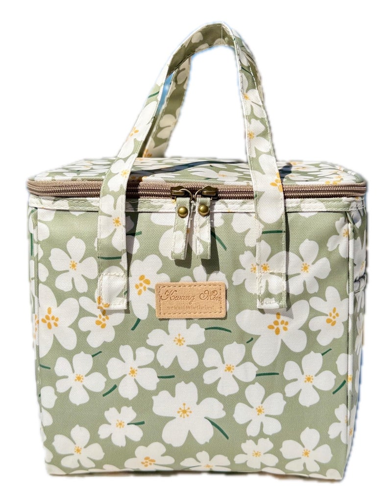 Kwang Min Floral Insulated Lunch Bag for WomenReusable Lunch BoxLarge Cooler for OfficePicnic OutdoorsPremium Quality Waterproof FabricIdeal Gift for Outdoors and work Green Cosmo - Image 2