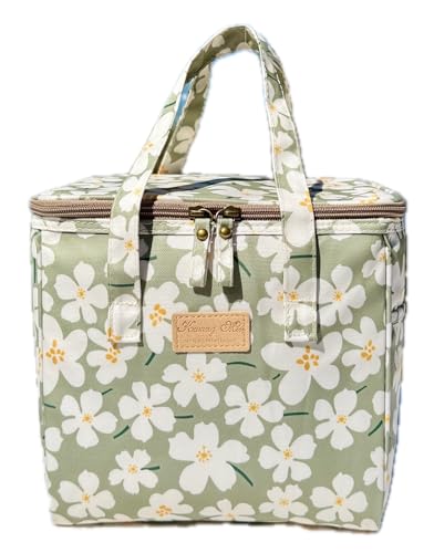 Kwang Min Floral Insulated Lunch Bag for WomenReusable Lunch BoxLarge Cooler for OfficePicnic OutdoorsPremium Quality Waterproof FabricIdeal Gift for Outdoors and work Green Cosmo - Image 1